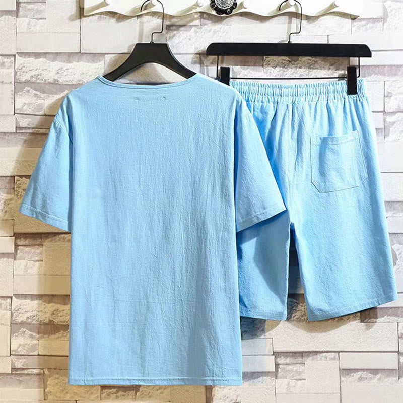 Buddha Stones 2Pcs Short Sleeve T-Shirt Drawstring Short Pants With Pockets Men's Cotton Linen Meditation Cloth Set - image 14