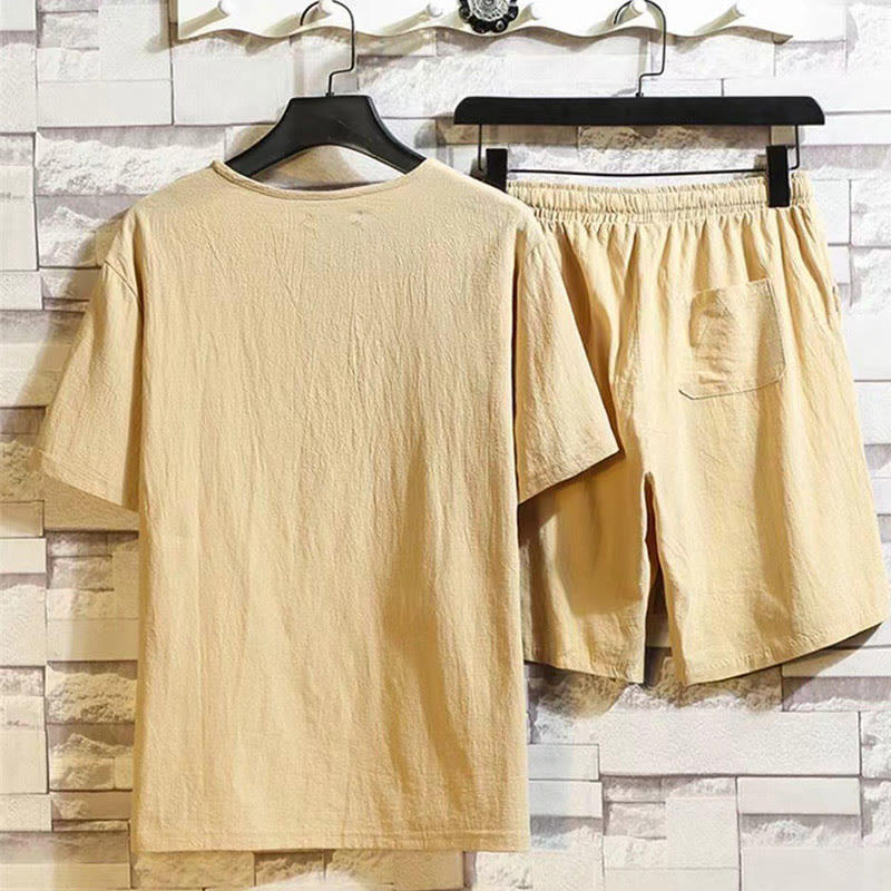 Buddha Stones 2Pcs Short Sleeve T-Shirt Drawstring Short Pants With Pockets Men's Cotton Linen Meditation Cloth Set - image 12