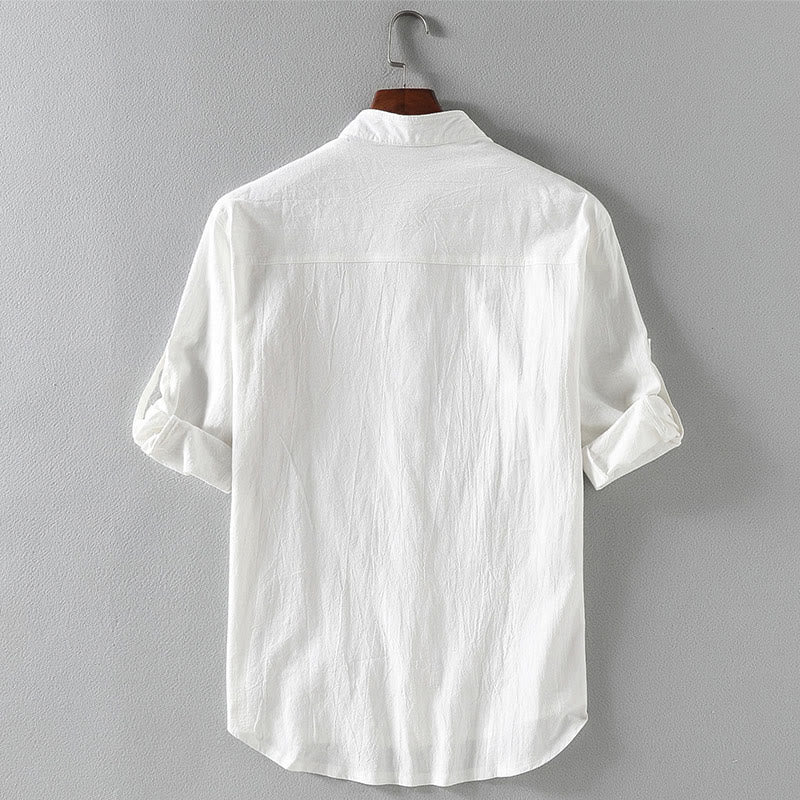 Buddha Stones Vintage Casual Plain Single Breasted Three Quarter Sleeve Men's Cotton Linen Shirt With Pocket - image 2