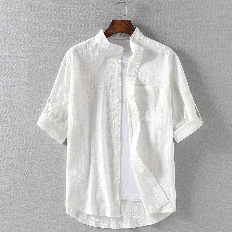 Buddha Stones Vintage Casual Plain Single Breasted Three Quarter Sleeve Men's Cotton Linen Shirt With Pocket - White - US/UK/AU46，EU56 (5XL) - image 1