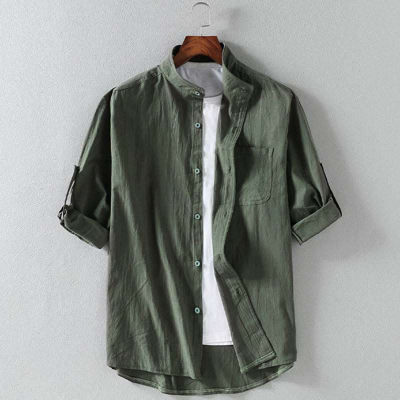 Buddha Stones Vintage Casual Plain Single Breasted Three Quarter Sleeve Men's Cotton Linen Shirt With Pocket - DarkGreen - US/UK/AU46，EU56 (5XL) - image 0