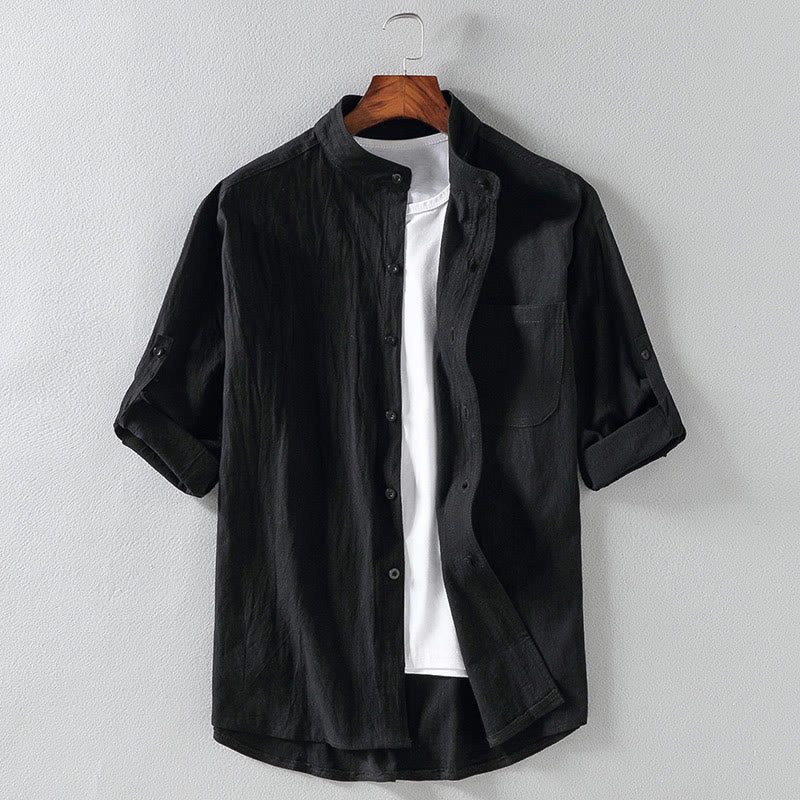 Buddha Stones Vintage Casual Plain Single Breasted Three Quarter Sleeve Men's Cotton Linen Shirt With Pocket - Black - US/UK/AU46，EU56 (5XL) - image 15