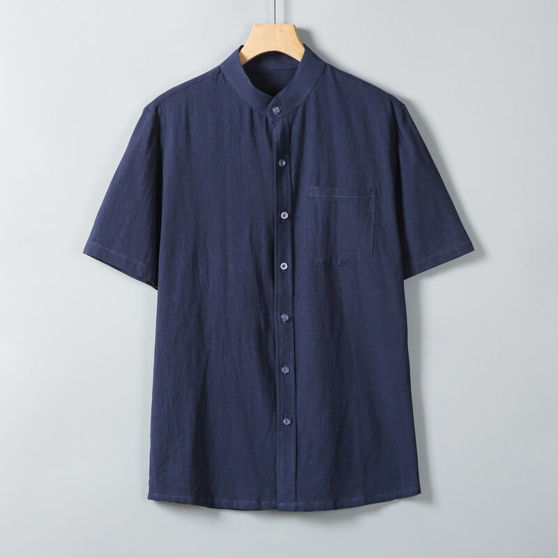 Buddha Stones Daily Printing Solid Color Single Breasted Men's Short Sleeve Cotton Linen Shirt WIth Pockets - Navy - US/UK/AU46，EU56 (5XL) - image 15