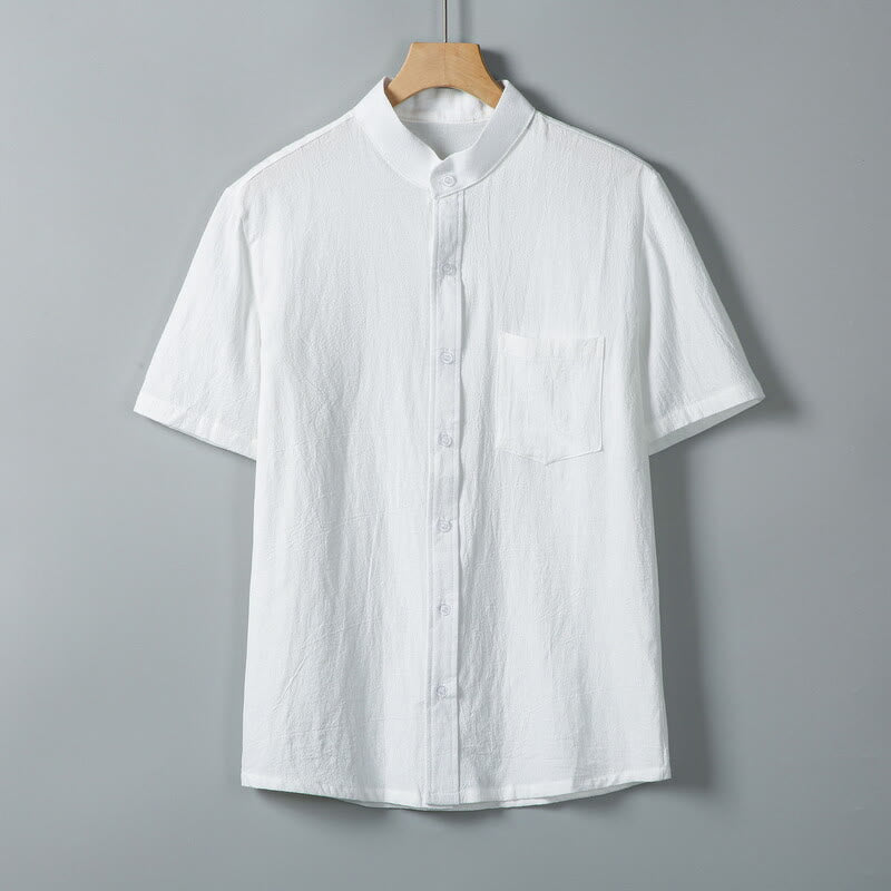 Buddha Stones Daily Printing Solid Color Single Breasted Men's Short Sleeve Cotton Linen Shirt WIth Pockets - White - US/UK/AU46，EU56 (5XL) - image 1