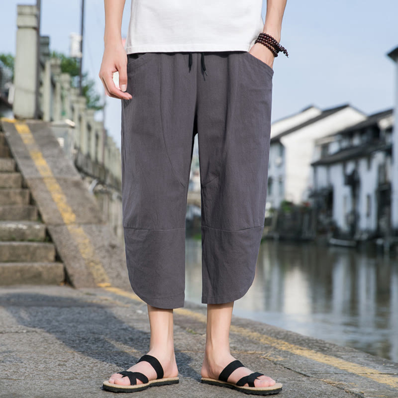 Buddha Stones Summer Casual Simple Plain Tapered Design Drawstring Men's  7-8 Length Cotton Linen Pants With Pockets - image 12