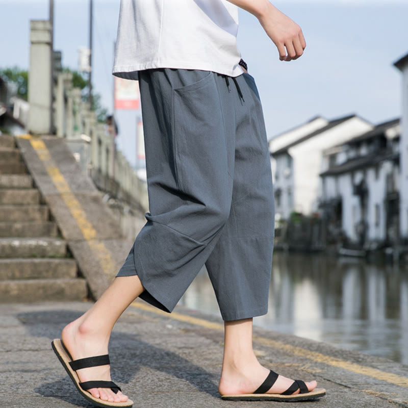 Buddha Stones Summer Casual Simple Plain Tapered Design Drawstring Men's  7-8 Length Cotton Linen Pants With Pockets - image 3