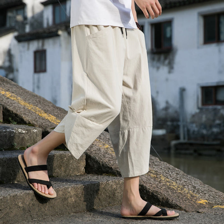 Buddha Stones Summer Casual Simple Plain Tapered Design Drawstring Men's  7-8 Length Cotton Linen Pants With Pockets - image 19