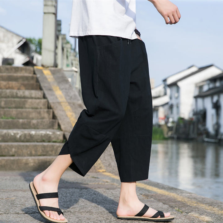 Buddha Stones Summer Casual Simple Plain Tapered Design Drawstring Men's  7-8 Length Cotton Linen Pants With Pockets - Black - US/UK/AU46，EU56 (5XL) - image 4