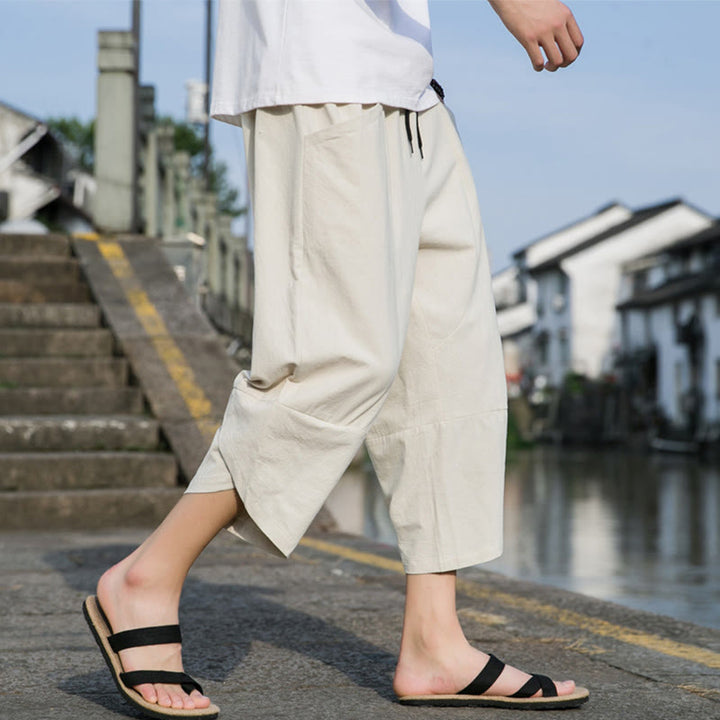 Buddha Stones Summer Casual Simple Plain Tapered Design Drawstring Men's  7-8 Length Cotton Linen Pants With Pockets - Beige - US/UK/AU46，EU56 (5XL) - image 16