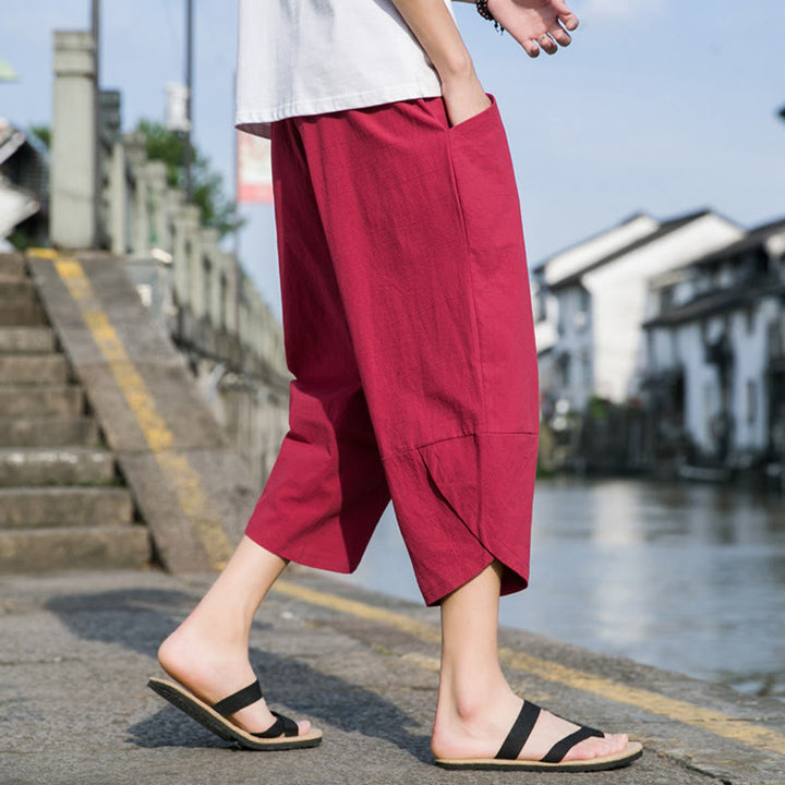 Buddha Stones Summer Casual Simple Plain Tapered Design Drawstring Men's  7-8 Length Cotton Linen Pants With Pockets - image 23