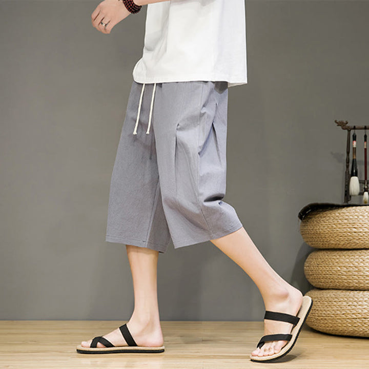 Buddha Stones Casual Summer Drawstring Solid Color Cropped Cotton Linen Men's Harem Pants With Pockets - image 22