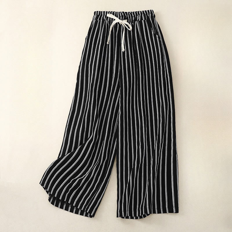 Buddha Stones Casual Acrylic Stripe Lace-up Women's Wide Leg Pants With Pockets - Black - US8-10，UK/AU12-14，EU40-42 (2XL) - image 0