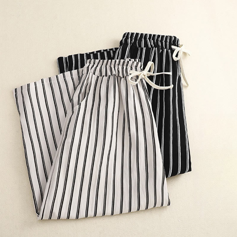 Buddha Stones Casual Acrylic Stripe Lace-up Women's Wide Leg Pants With Pockets - image 16