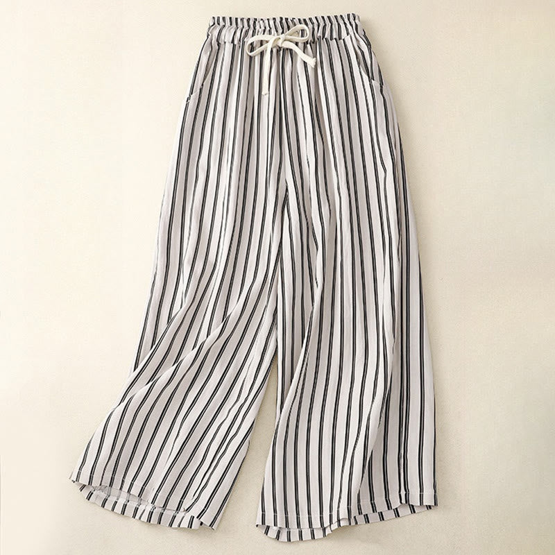 Buddha Stones Casual Acrylic Stripe Lace-up Women's Wide Leg Pants With Pockets - WhiteSmoke - US8-10，UK/AU12-14，EU40-42 (2XL) - image 5