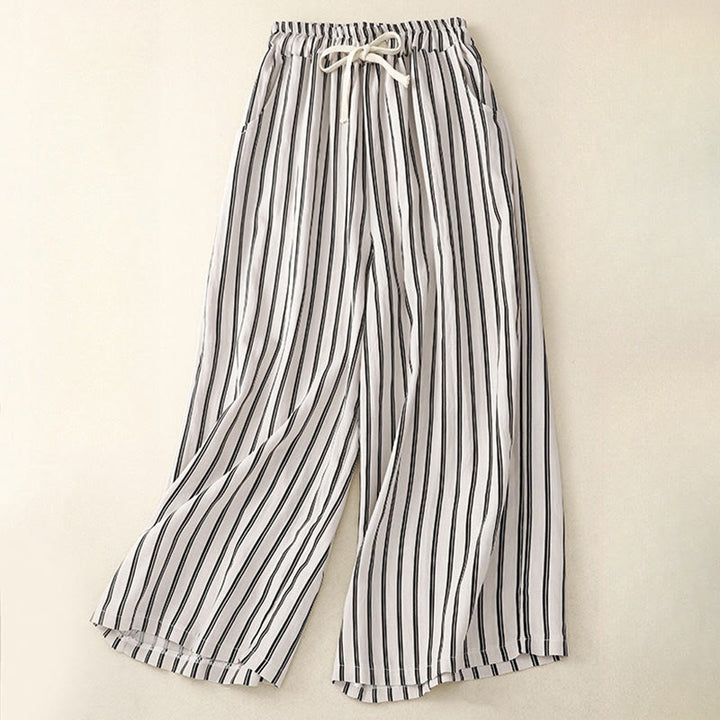 Buddha Stones Casual Acrylic Stripe Lace-up Women's Wide Leg Pants With Pockets - WhiteSmoke - US8-10，UK/AU12-14，EU40-42 (2XL) - image 5