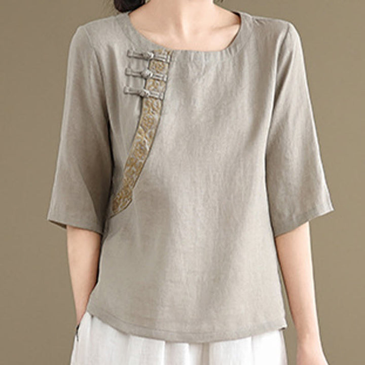 Buddha Stones Casual Women's Embroidered Flower Pattern Frog-Button Crew Neck Design Half Sleeve Shirt - image 3