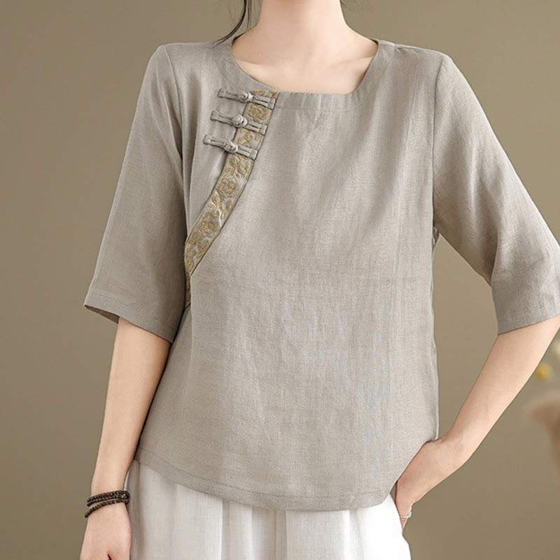 Buddha Stones Casual Women's Embroidered Flower Pattern Frog-Button Crew Neck Design Half Sleeve Cotton Linen Shirt - DarkGray - US8-10，UK/AU12-14，EU40-42 (2XL) - image 0