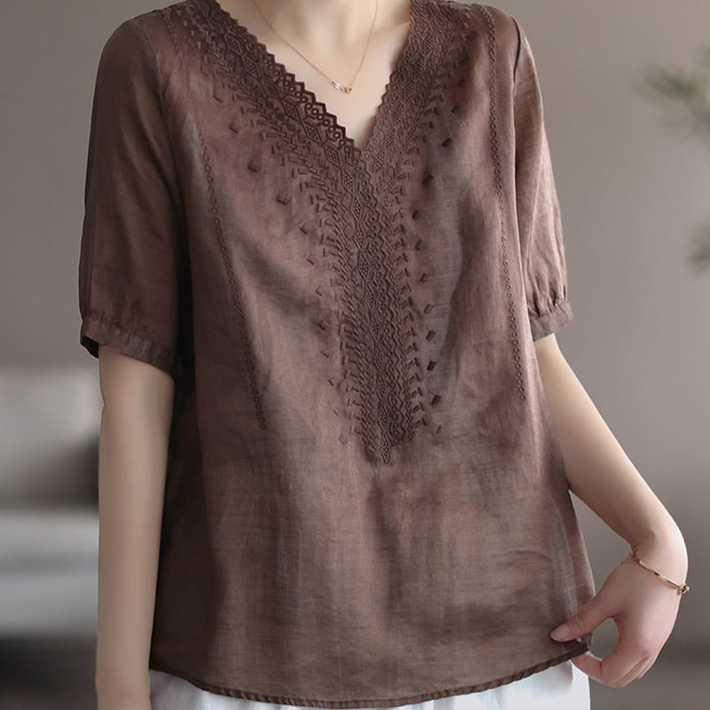 Buddha Stones Summer Casual Embroidered Pattern Women's V-Neck Design Half Sleeve Cotton Linen T-shirt - image 8