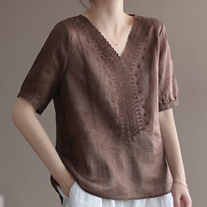 Buddha Stones Summer Casual Embroidered Pattern Women's V-Neck Design Half Sleeve Cotton Linen T-shirt - image 7