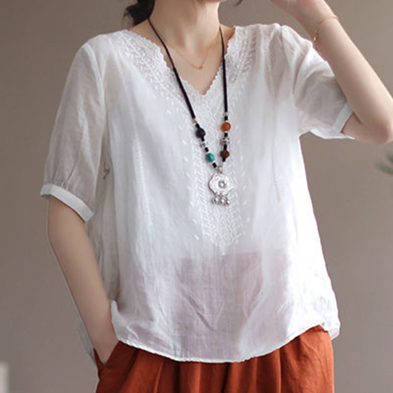 Buddha Stones Summer Casual Embroidered Pattern Women's V-Neck Design Half Sleeve Cotton Linen T-shirt - image 11