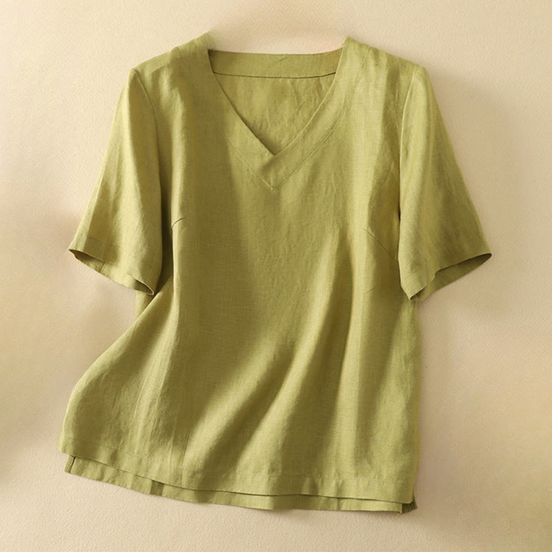 Buddha Stones Summer Casual Plain Women's V-neck Design Half Sleeve T-shirt - YellowGreen - US8-10，UK/AU12-14，EU40-42 (2XL) - image 0