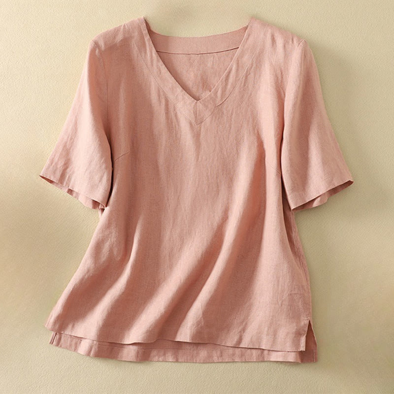 Buddha Stones Summer Casual Plain Women's V-neck Design Half Sleeve T-shirt - Pink - US8-10，UK/AU12-14，EU40-42 (2XL) - image 5