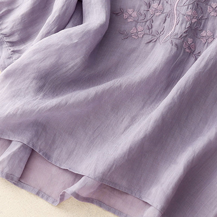 Buddha Stones Summer Casual Embroidered Flowers Women's V-neck Design Half Sleeve Acrylic T-shirt - image 4