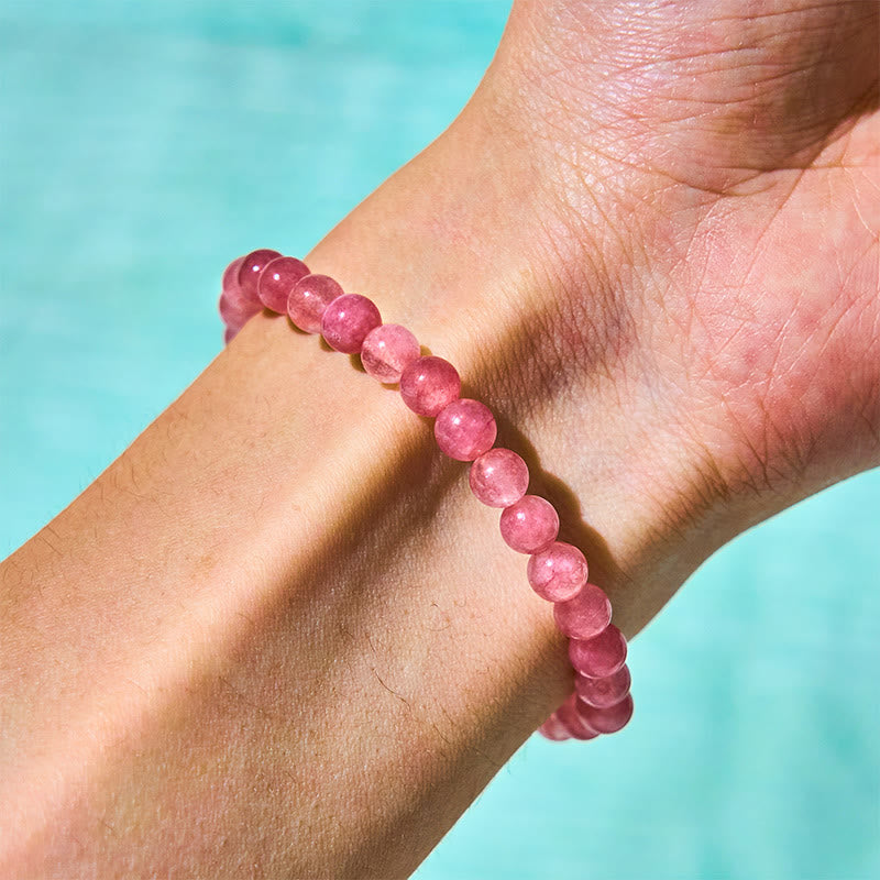 Buddha Stones Strawberry Quartz Pearl Cat Rabbit Healing Bracelet - image 4