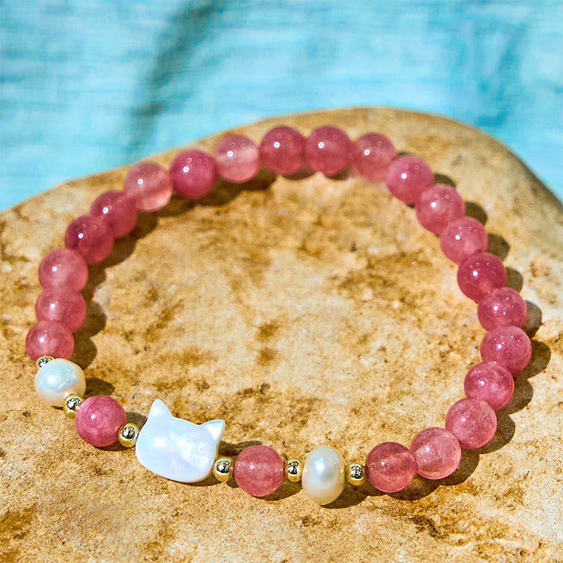 Buddha Stones Strawberry Quartz Pearl Cat Rabbit Healing Bracelet - image 8