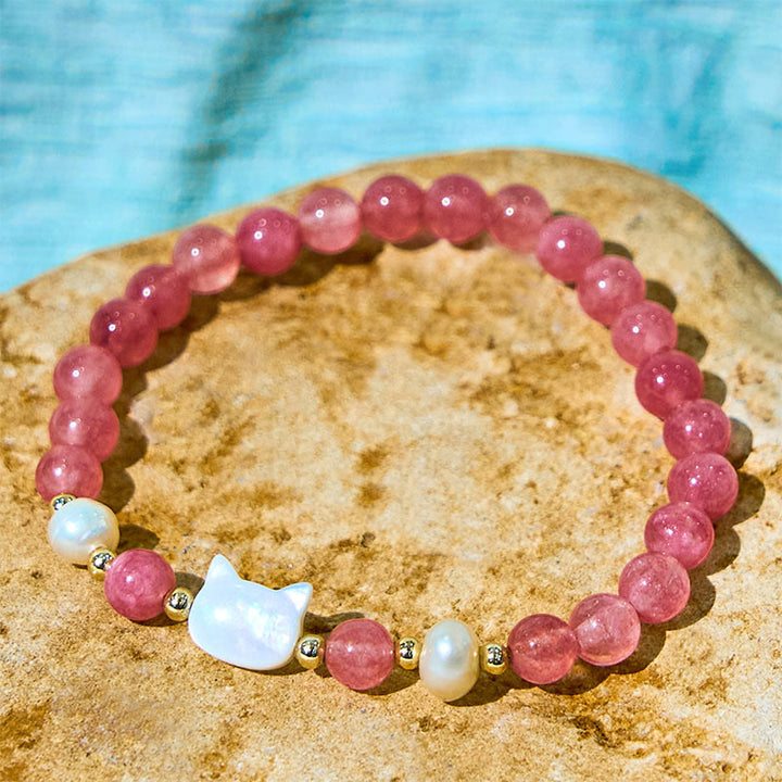 Buddha Stones Strawberry Quartz Pearl Cat Rabbit Healing Bracelet - image 8