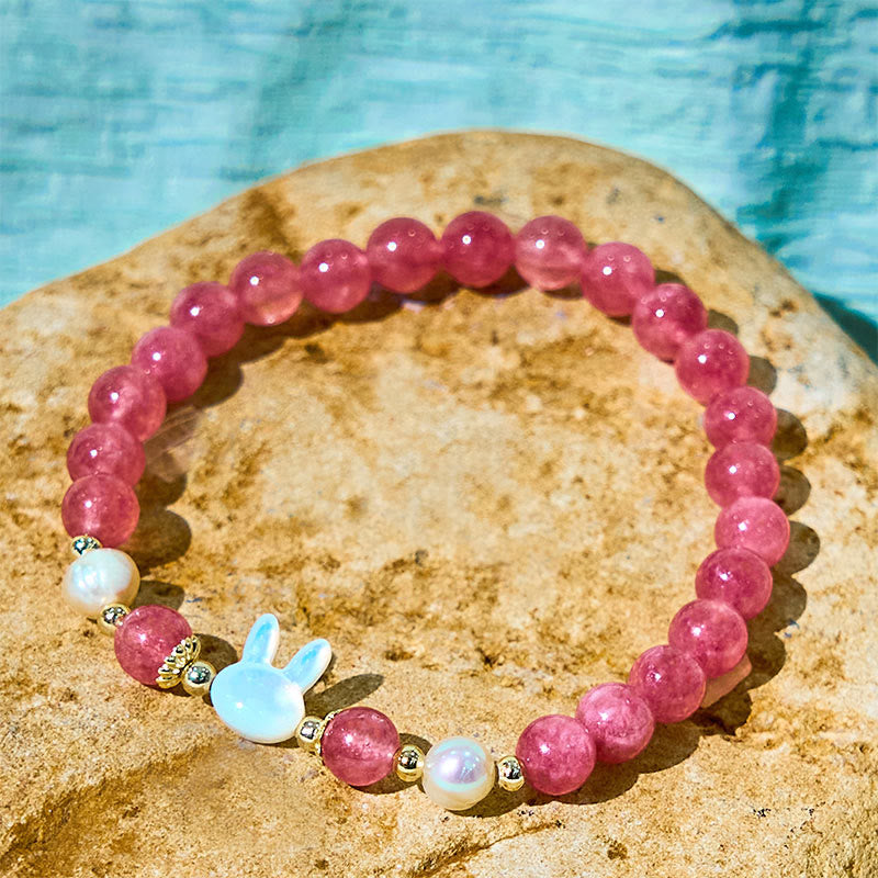 Buddha Stones Strawberry Quartz Pearl Cat Rabbit Healing Bracelet - image 2
