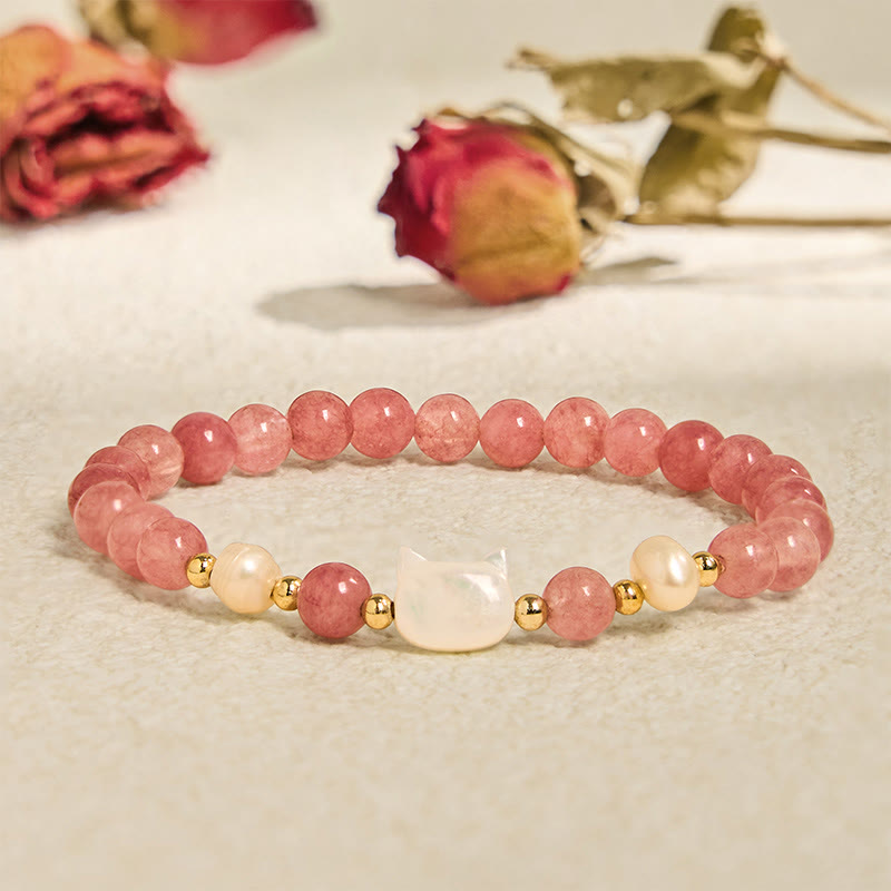 Buddha Stones Strawberry Quartz Pearl Cat Rabbit Healing Bracelet - Strawberry Quartz Cat(Wrist Circumference 14-16cm) - image 5