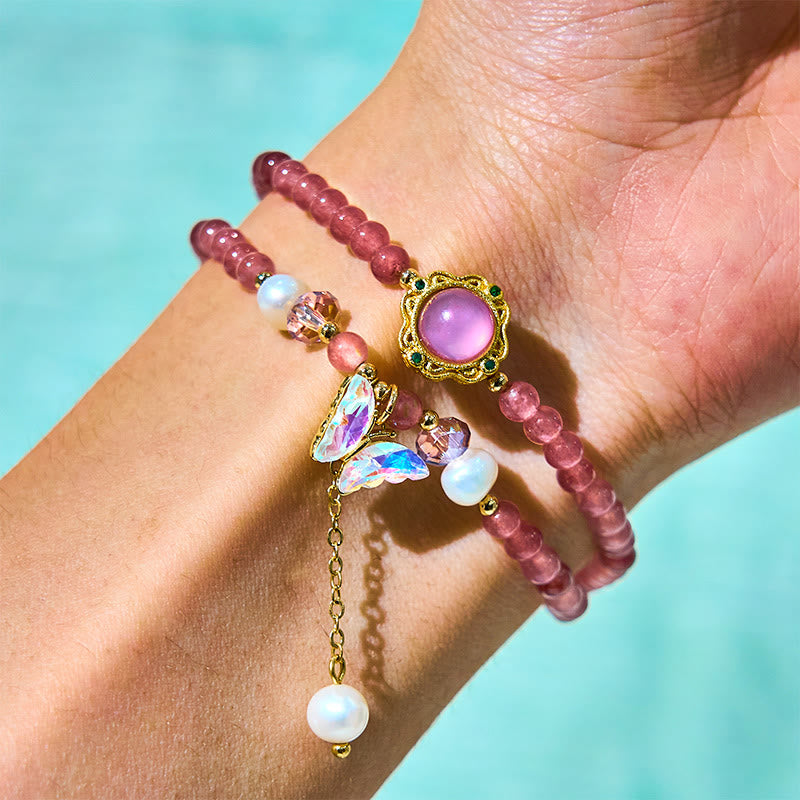 Buddha Stones Natural Strawberry Quartz Pearl Butterfly Water Drop Positive Double Wrap Bracelet - image 2