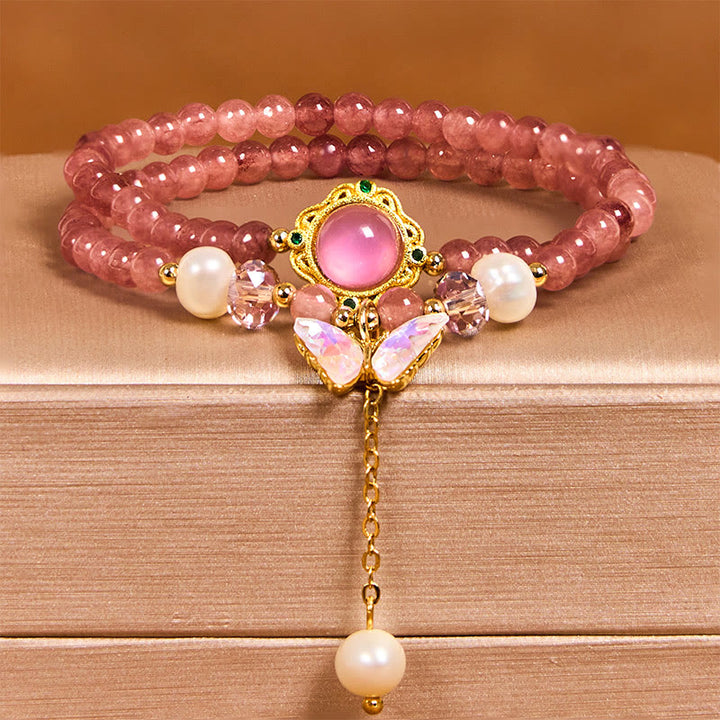 Buddha Stones Natural Strawberry Quartz Pearl Butterfly Water Drop Positive Double Wrap Bracelet - image 1