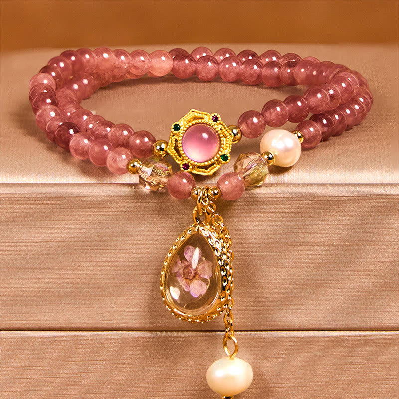 Buddha Stones Natural Strawberry Quartz Pearl Butterfly Water Drop Positive Double Wrap Bracelet - image 5