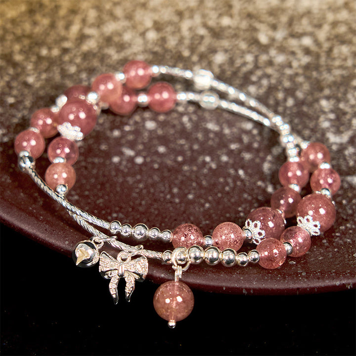 Buddha Stones Natural Strawberry Quartz Bow-knot Rosette Charm Healing Double Wrap Bracelet - image 2
