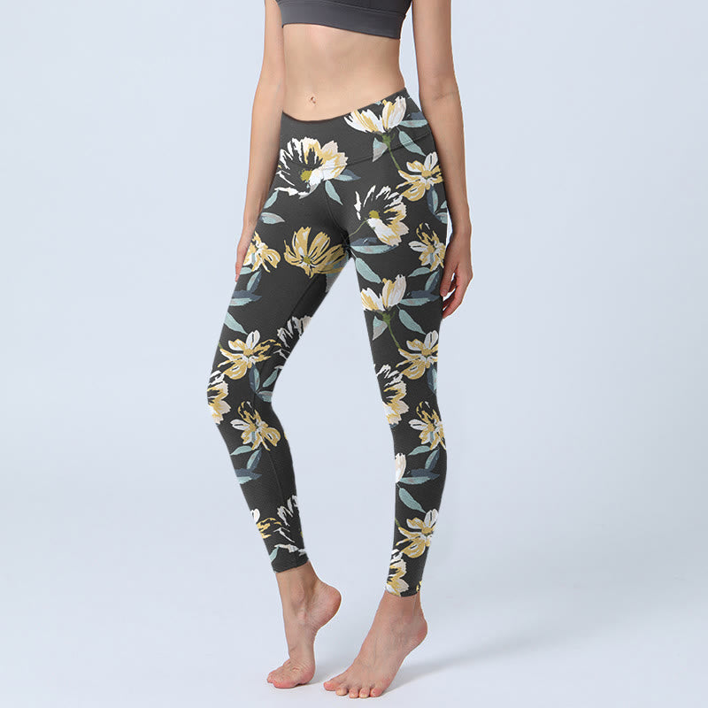 Buddha Stones Yellow White Flower Pattern Print Gym Leggings Women's Yoga Pants - Black - US18，UK/AU22，EU50 (4XL) - image 0