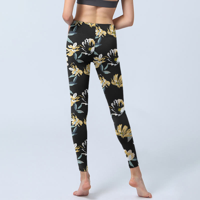Buddha Stones Yellow White Flower Pattern Print Gym Leggings Women's Yoga Pants - image 6