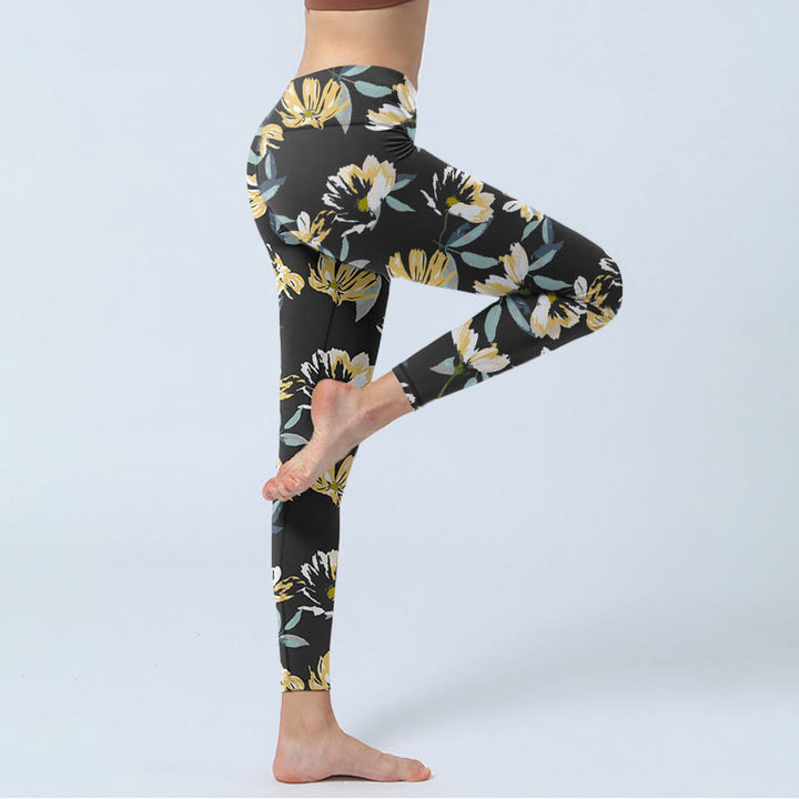 Buddha Stones Yellow White Flower Pattern Print Gym Leggings Women's Yoga Pants - image 4