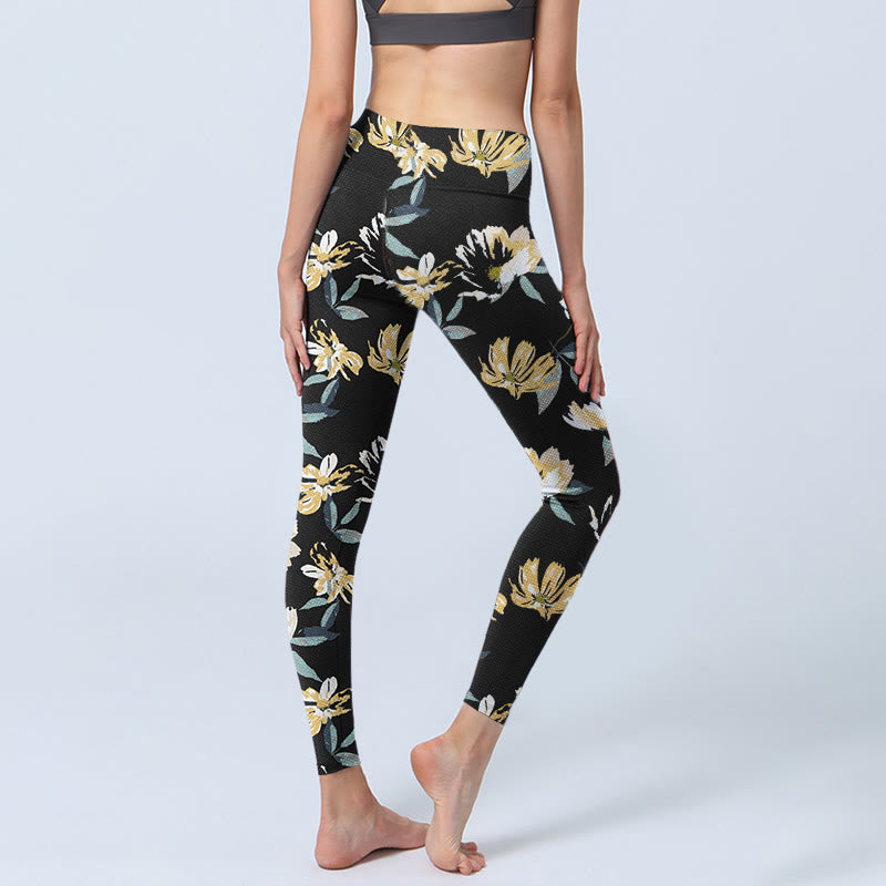 Buddha Stones Yellow White Flower Pattern Print Gym Leggings Women's Yoga Pants - image 3