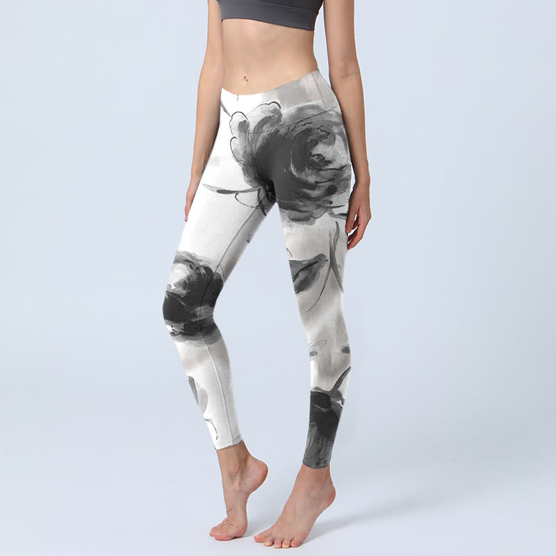 Buddha Stones Watercolor Rose Pattern Print Gym Leggings Women's Yoga Pants - White - US18，UK/AU22，EU50 (4XL) - image 0