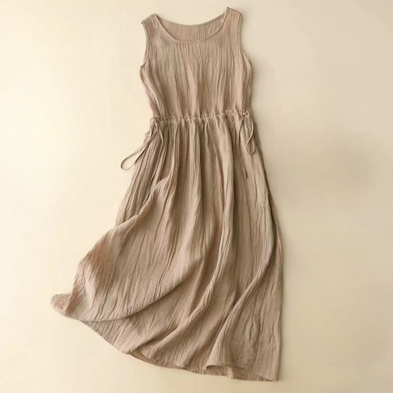 Buddha Stones Casual Plain Handmade Drawstring Waist Midi Dress Acrylic Sleeveless Dress With Pockets - BurlyWood - US8-10，UK/AU12-14，EU40-42 (2XL) - image 0