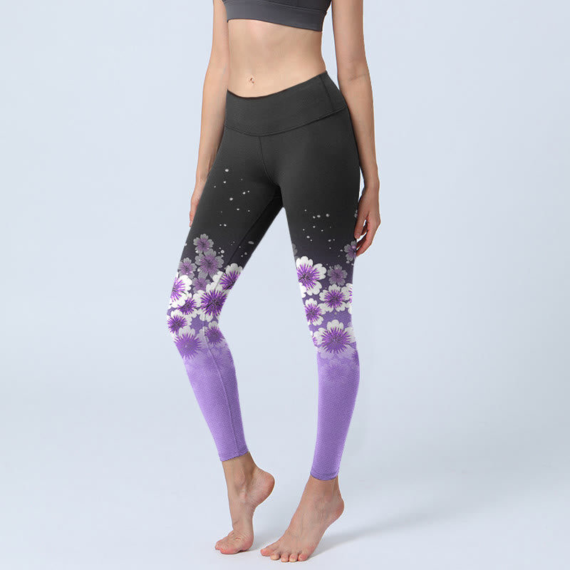 Buddha Stones White Purple Cherry Blossom Pattern Print Gym Leggings Women's Yoga Pants - Black - US18，UK/AU22，EU50 (4XL) - image 0