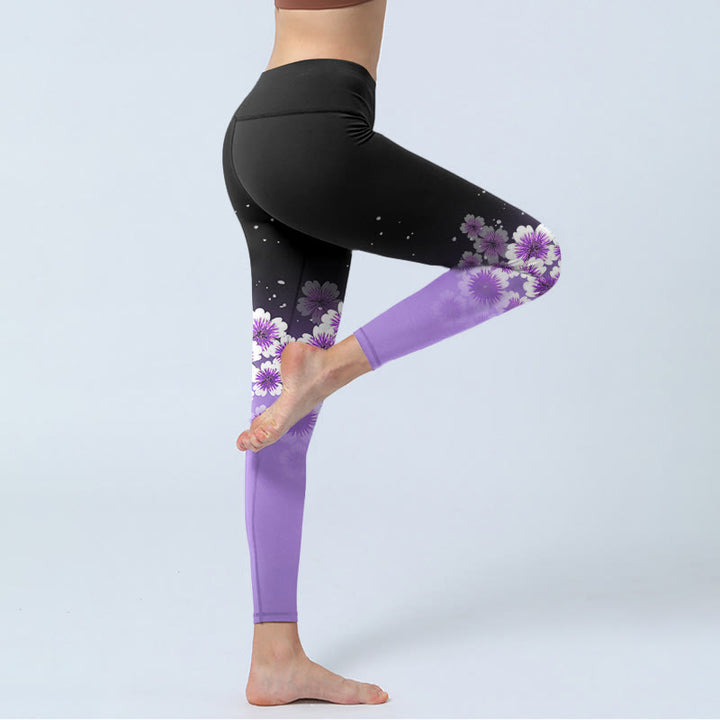 Buddha Stones White Purple Cherry Blossom Pattern Print Gym Leggings Women's Yoga Pants - image 4