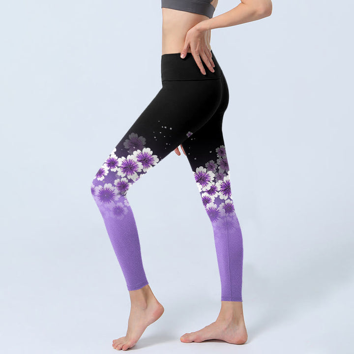 Buddha Stones White Purple Cherry Blossom Pattern Print Gym Leggings Women's Yoga Pants - image 2