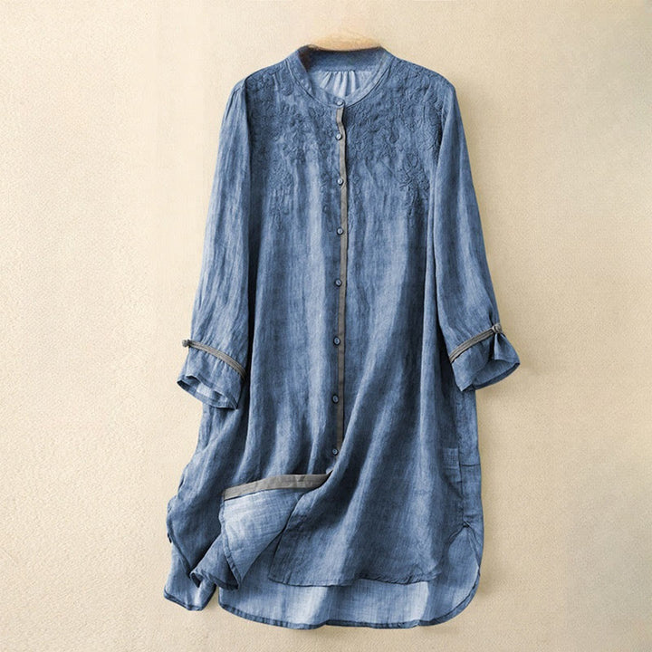 Buddha Stones Summer Casual Embroidered Stand Collar Design Three Quarter Sleeve Midi Dress - RoyalBlue - US8-10，UK/AU12-14，EU40-42 (2XL) - image 5