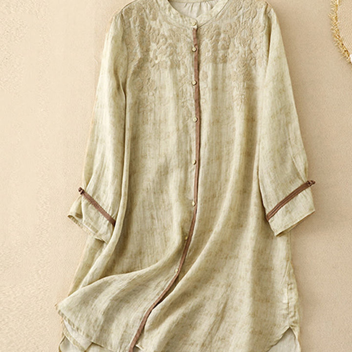 Buddha Stones Summer Casual Embroidered Stand Collar Design Three Quarter Sleeve Midi Dress - image 9