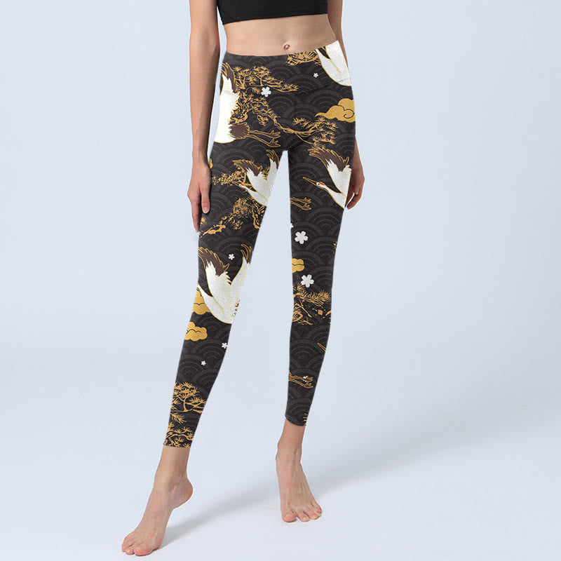 Buddha Stones Golden Auspicious Cloud Pine Branch Crane Wave Pattern Print Gym Leggings Women's Yoga Pants - image 5