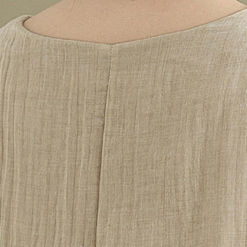 Buddha Stones Summer Casual Plain Design Crew Neck Short Sleeve Cotton Linen Blended Double Layer Midi Dress - image 6