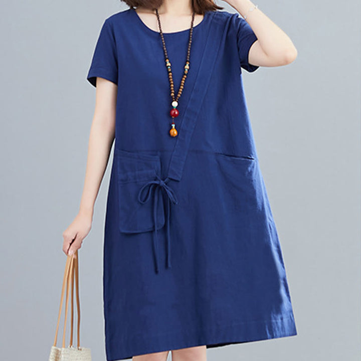 Buddha Stones Summer Casual Plain Lace-Up Design Crew Neck Short Sleeve Cotton Linen Midi Dress With Pockets - image 22